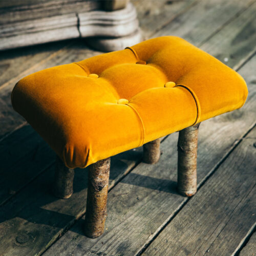 Pale Birch stool with buttoned mustard velvet seat