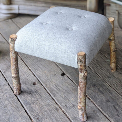 Birch Wood Footstool with Water Grey Wool fabric